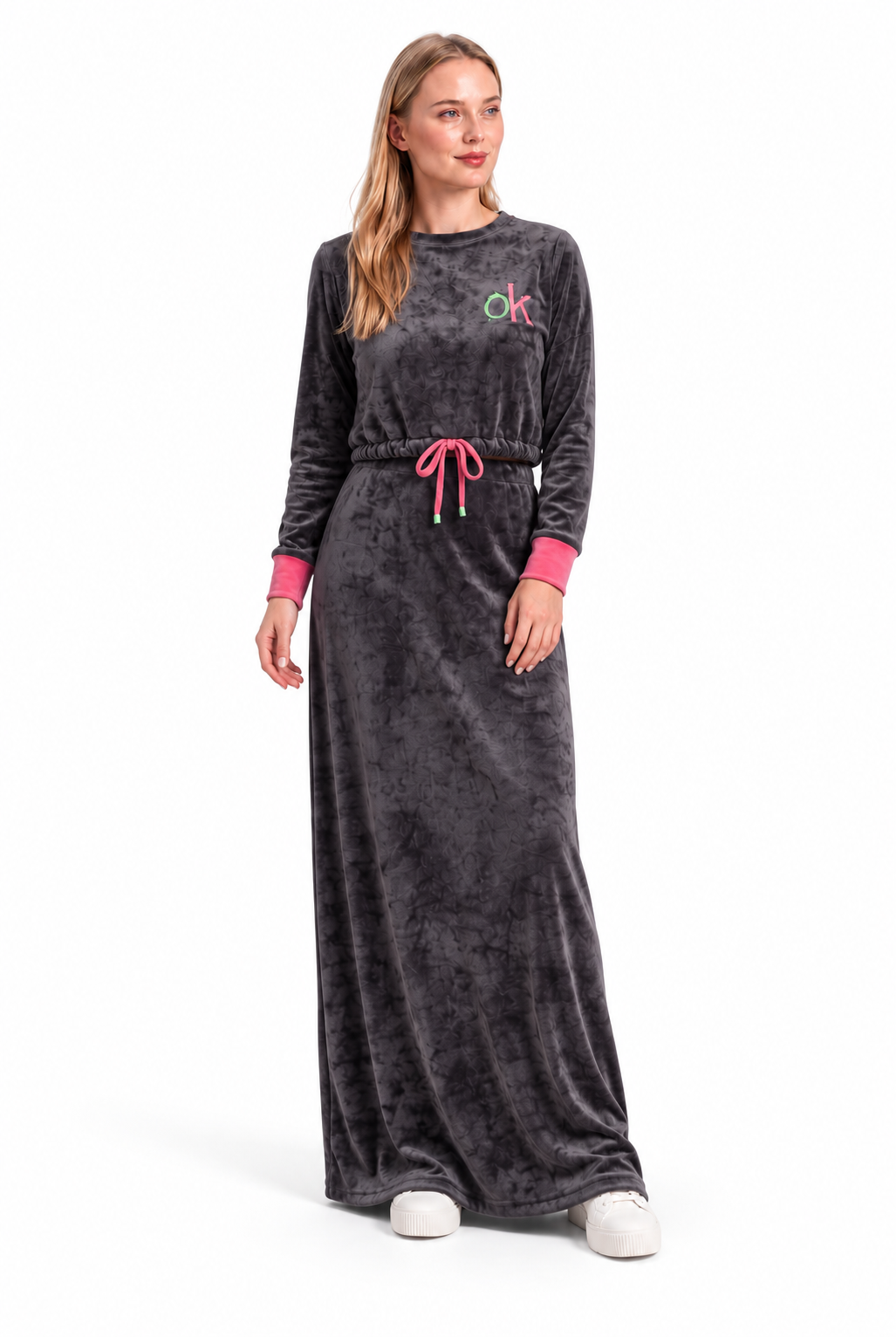 Set-in sleeve velour dress BONITA - אפור – תמונה 1